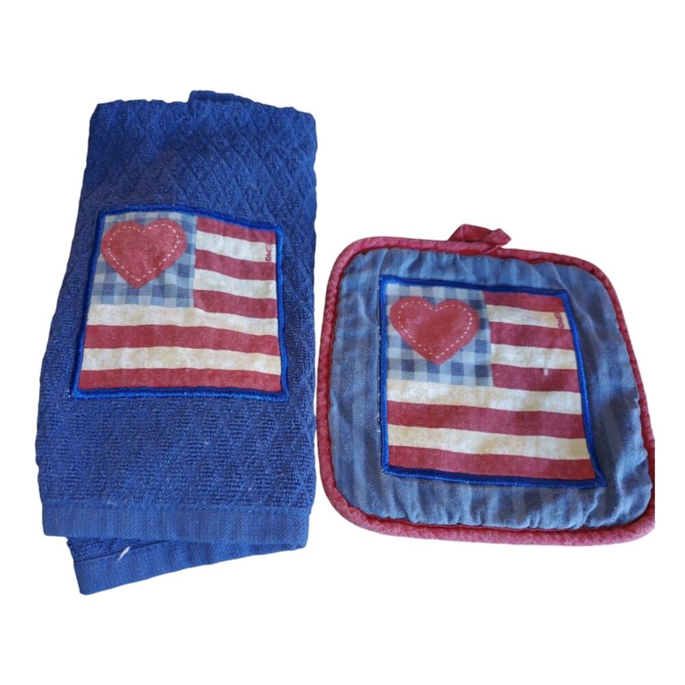 American Flag Vintage Towel and Pot Holder Set